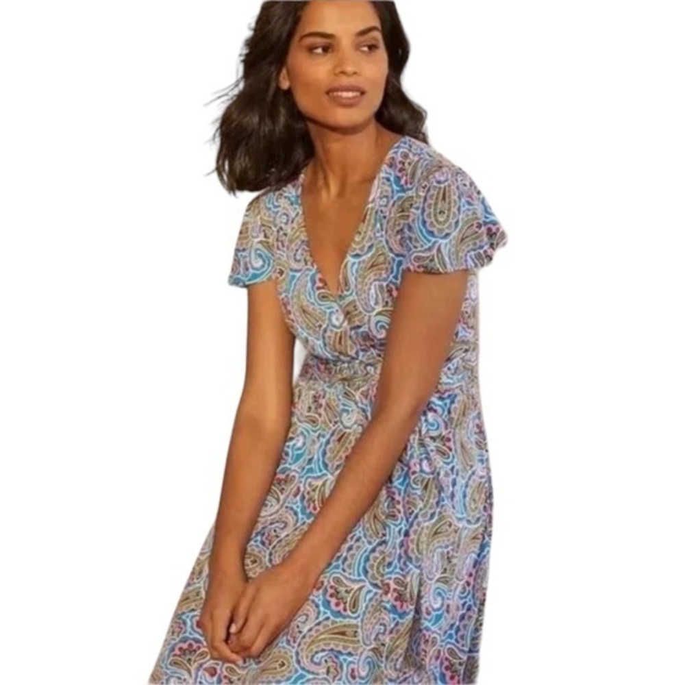 BODEN FAUX WRAP CAP SLEEVE STRETCH COTTAGE PRAIRIE PAISLEY PRINT DRESS 4L